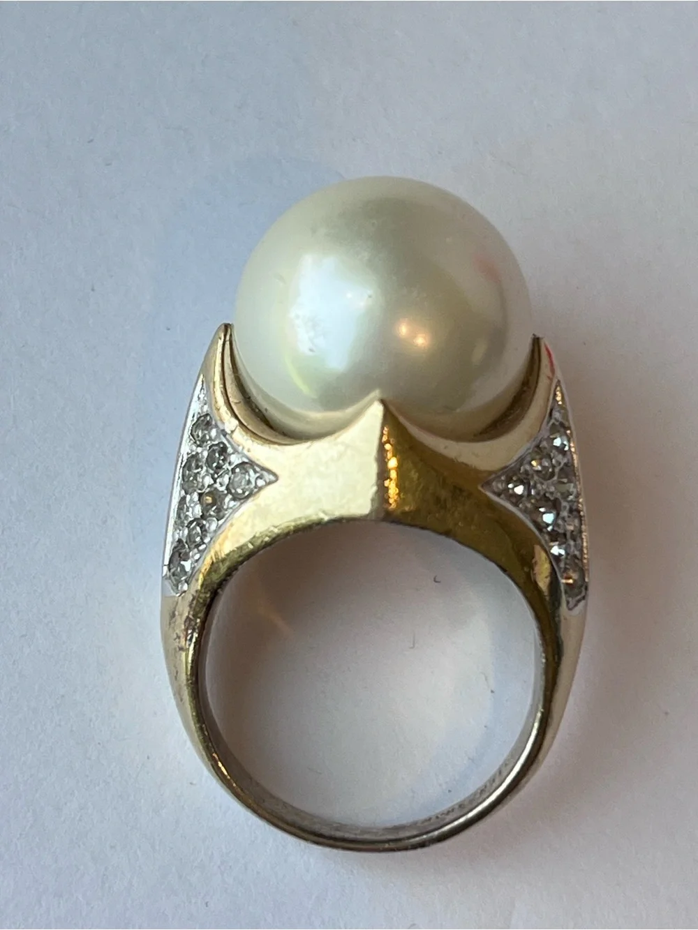 Vintage Panetta Faux Pearl & Crystals Gold Tone Sterling Cocktail Statement Ring